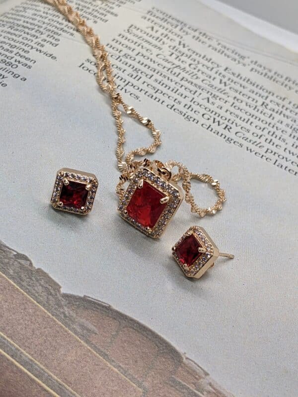 Red Radiant Zircon Locket & Earrings Set - Image 4
