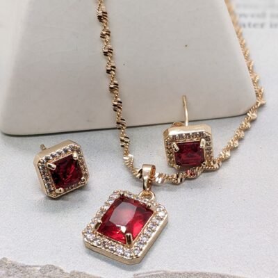 Red Radiant Zircon Locket & Earrings Set