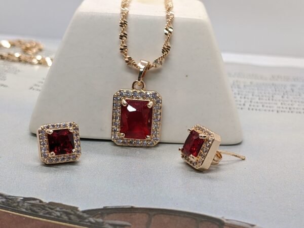 Red Radiant Zircon Locket & Earrings Set - Image 5